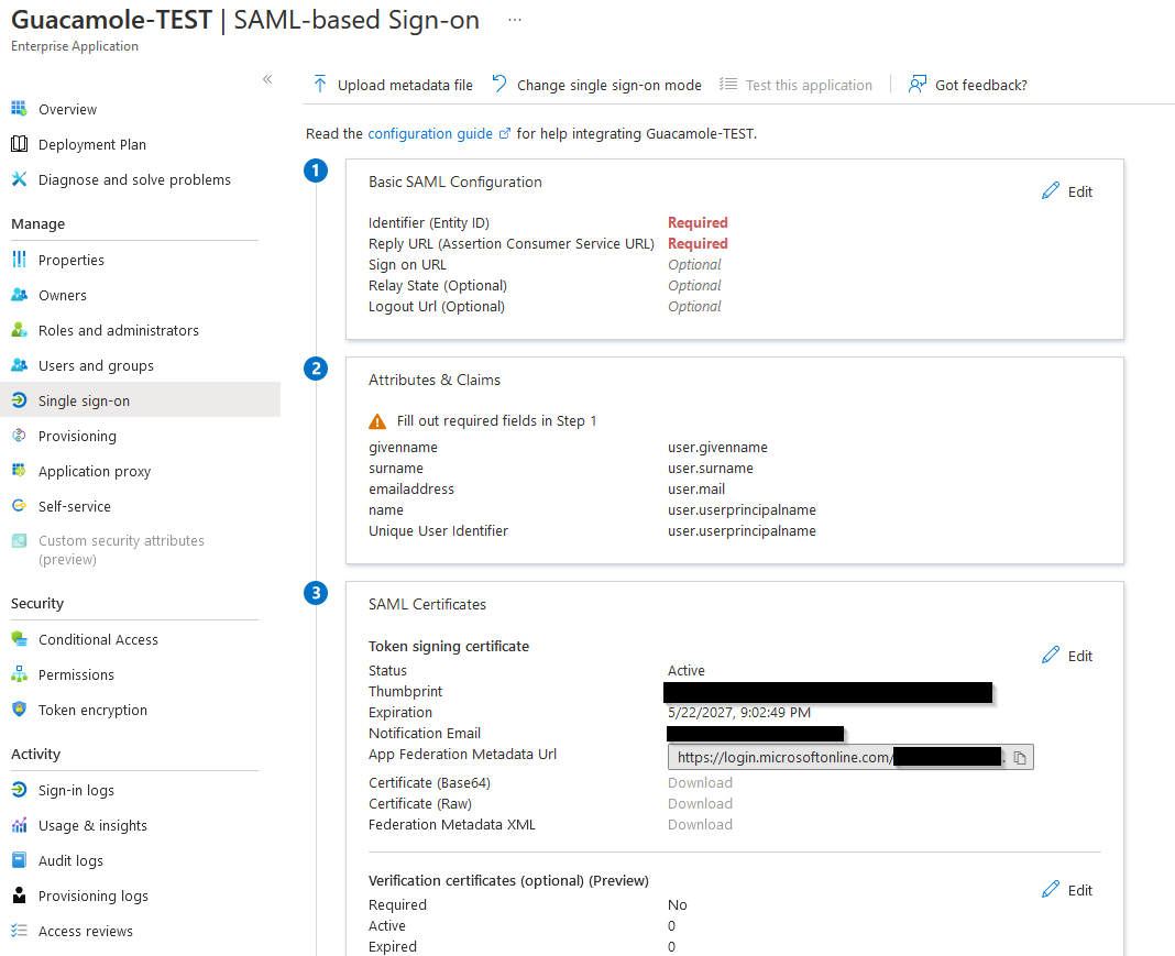 Screenshot of Azure portal showing SAML configuration